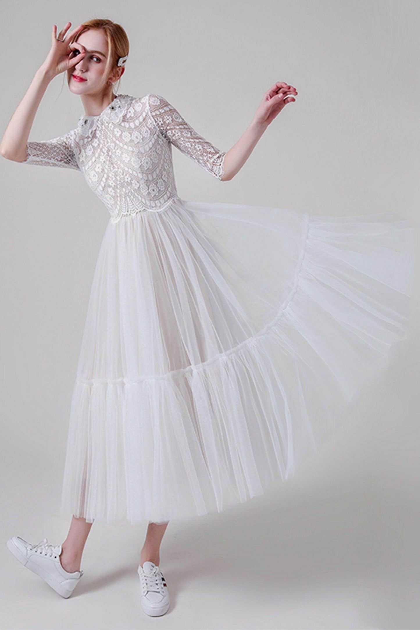 A-Line Tea Length Lace Tulle Wedding Dress CW2738 - COCOMELODY