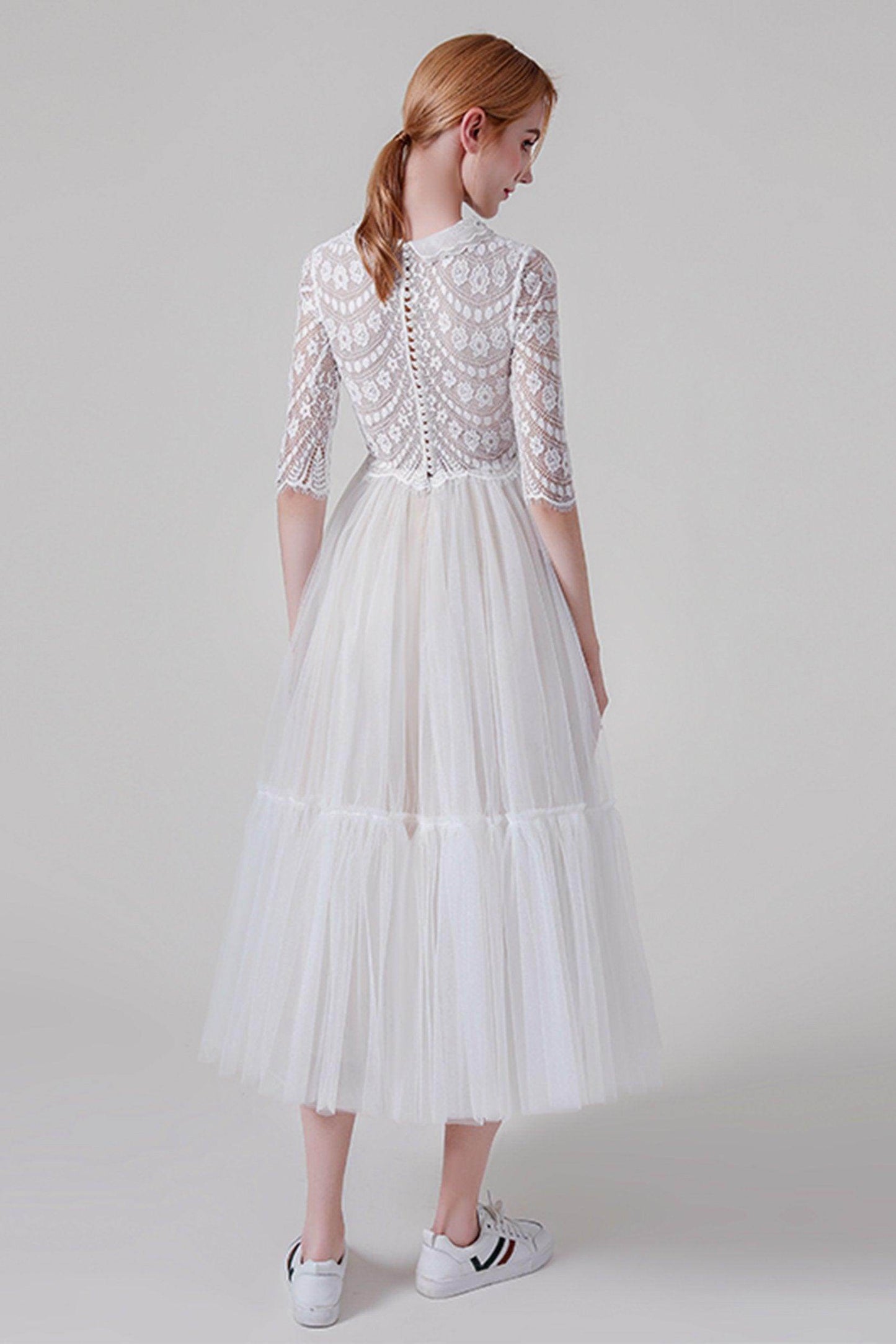 A-Line Tea Length Lace Tulle Wedding Dress CW2738 - COCOMELODY