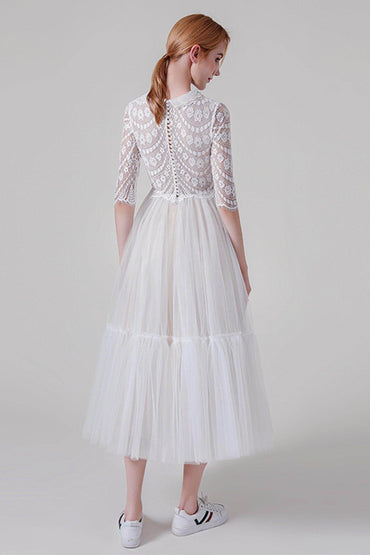 A-Line Tea Length Lace Tulle Wedding Dress CW2738 - COCOMELODY