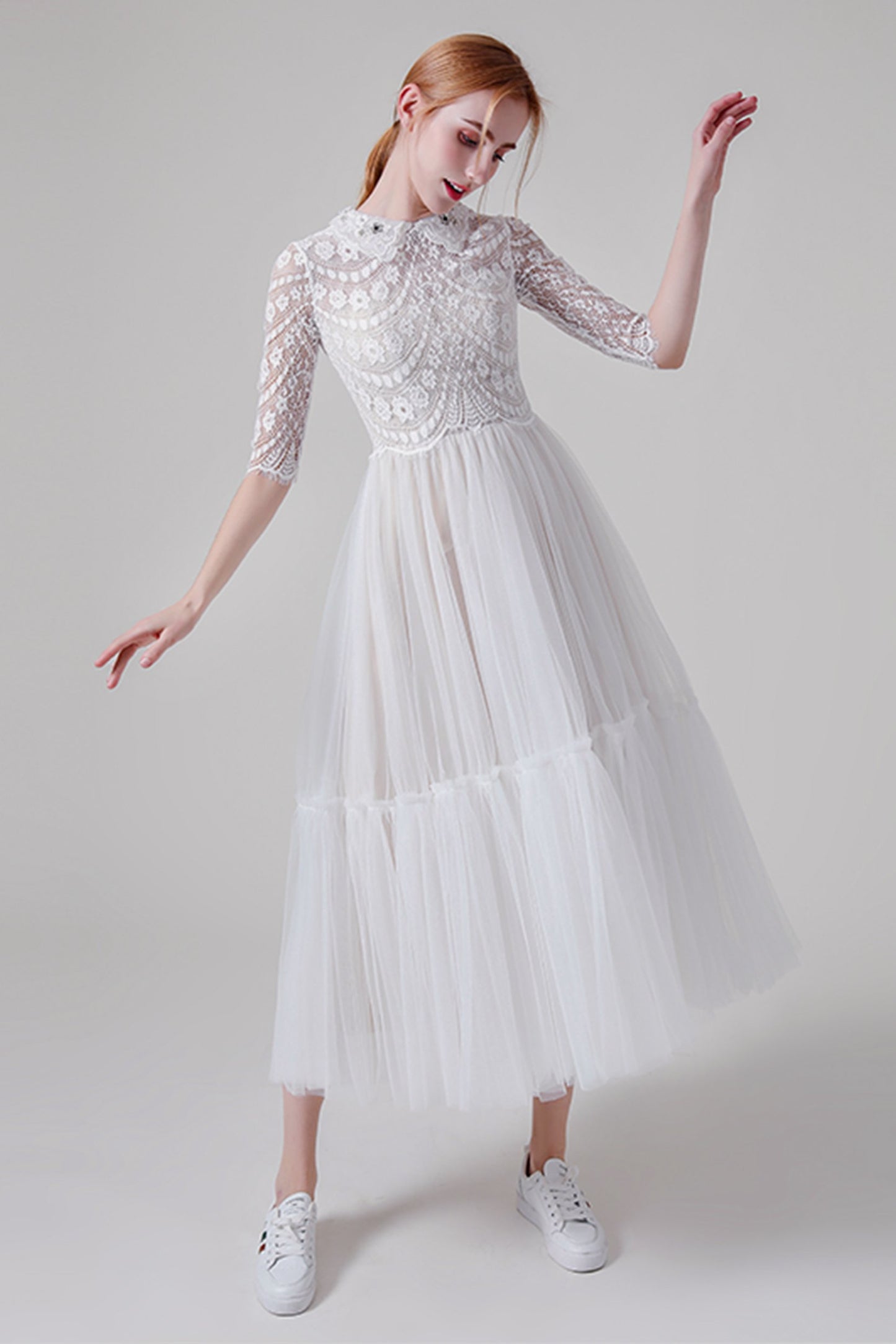 A-Line Tea Length Lace Tulle Wedding Dress CW2738