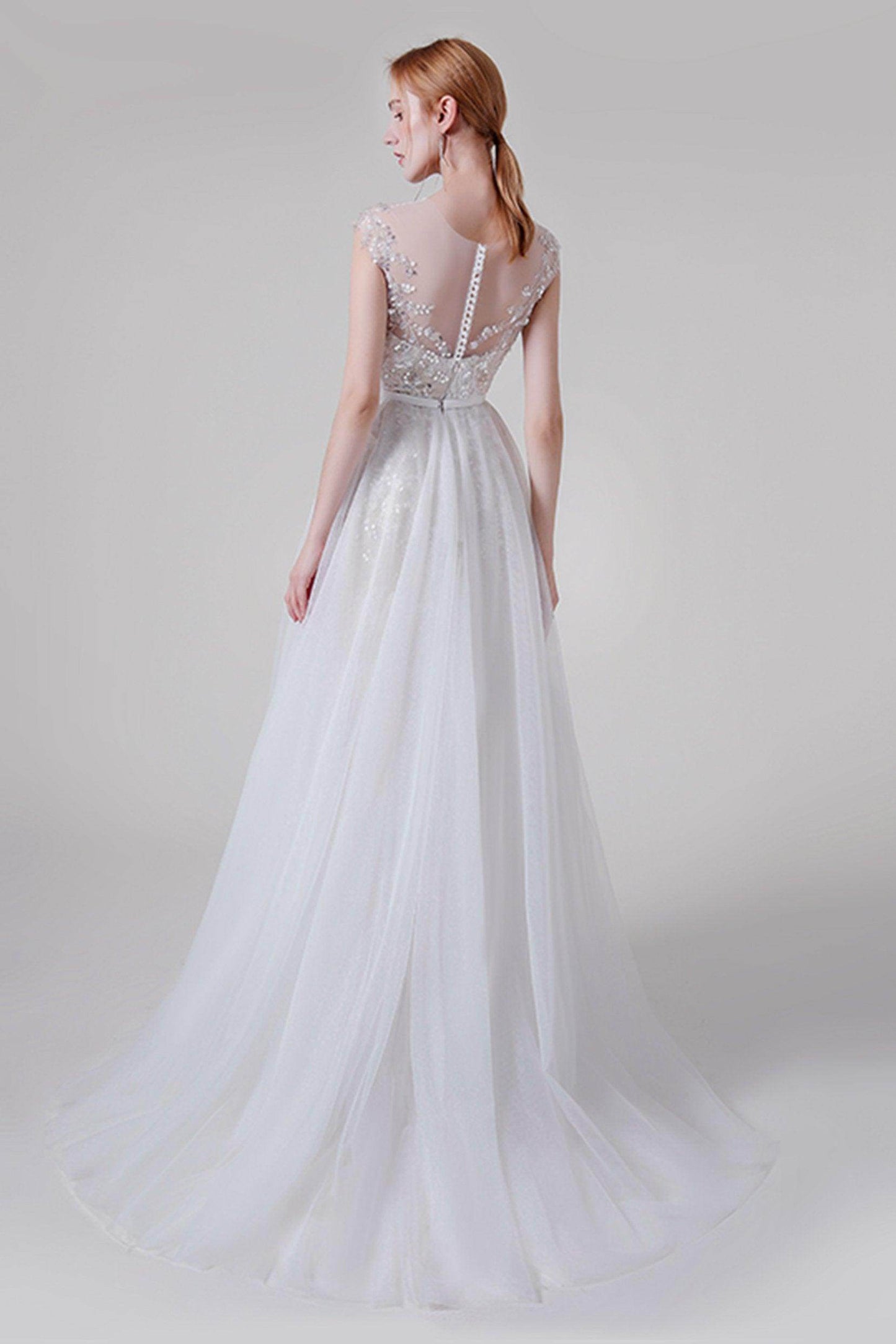 A-Line Sweep-Brush Train Lace Tulle Wedding Dress CW2739 - COCOMELODY