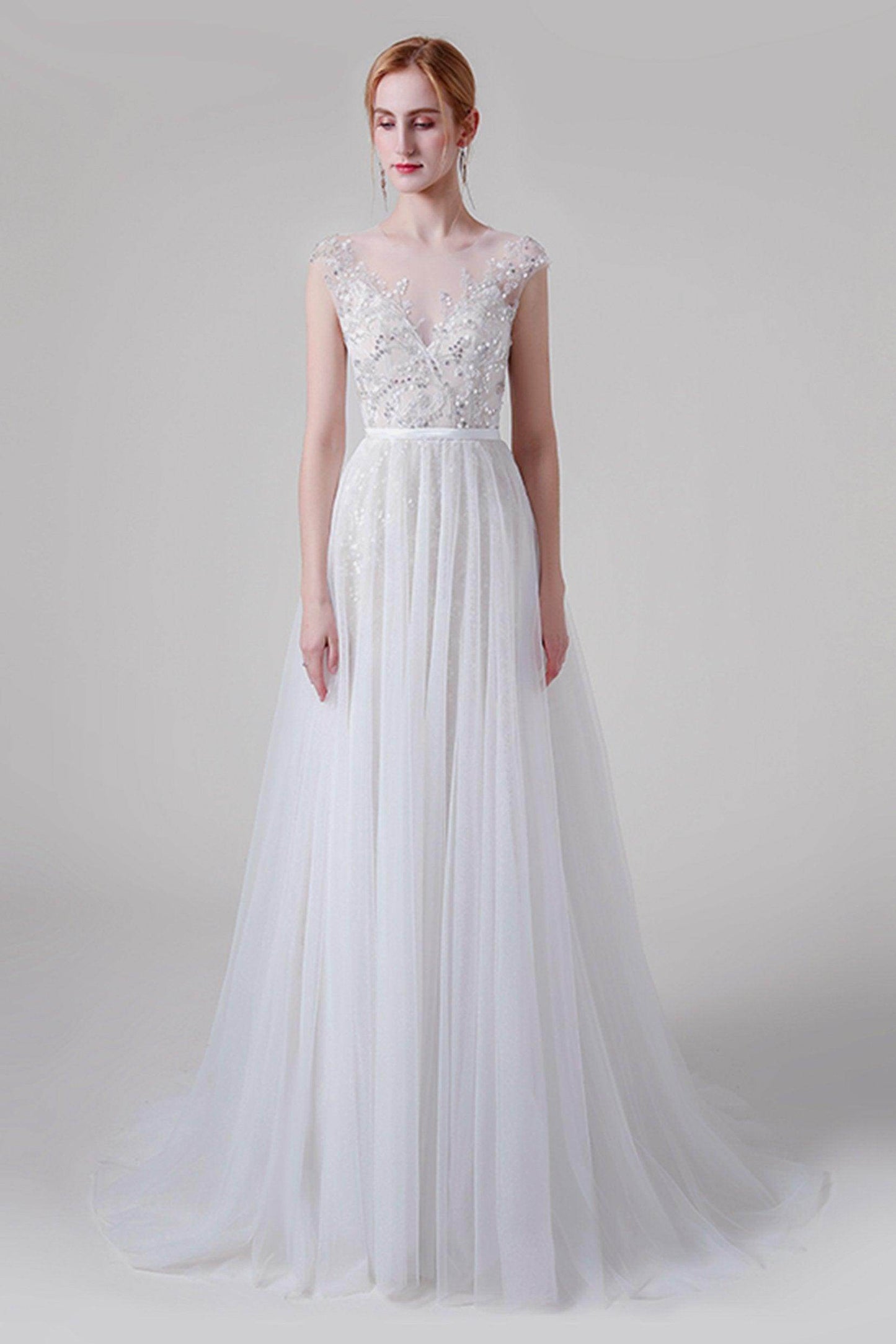 A-Line Sweep-Brush Train Lace Tulle Wedding Dress CW2739 - COCOMELODY
