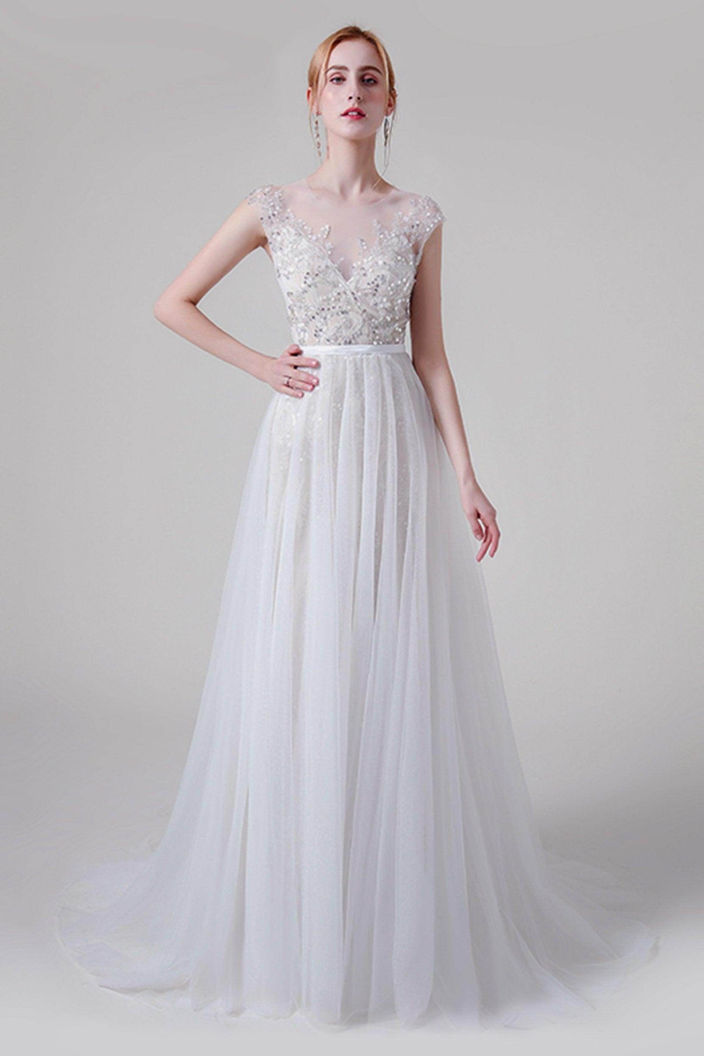 A-Line Sweep-Brush Train Lace Tulle Wedding Dress CW2739 - COCOMELODY