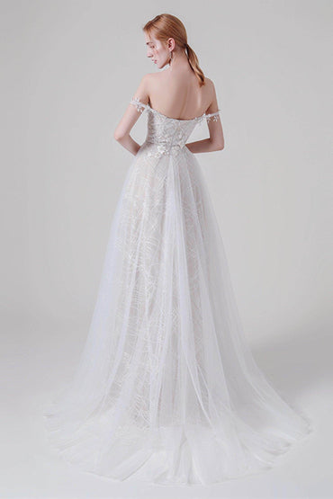 A-Line Sweep-Brush Train Lace Tulle Wedding Dress CW2741 - COCOMELODY