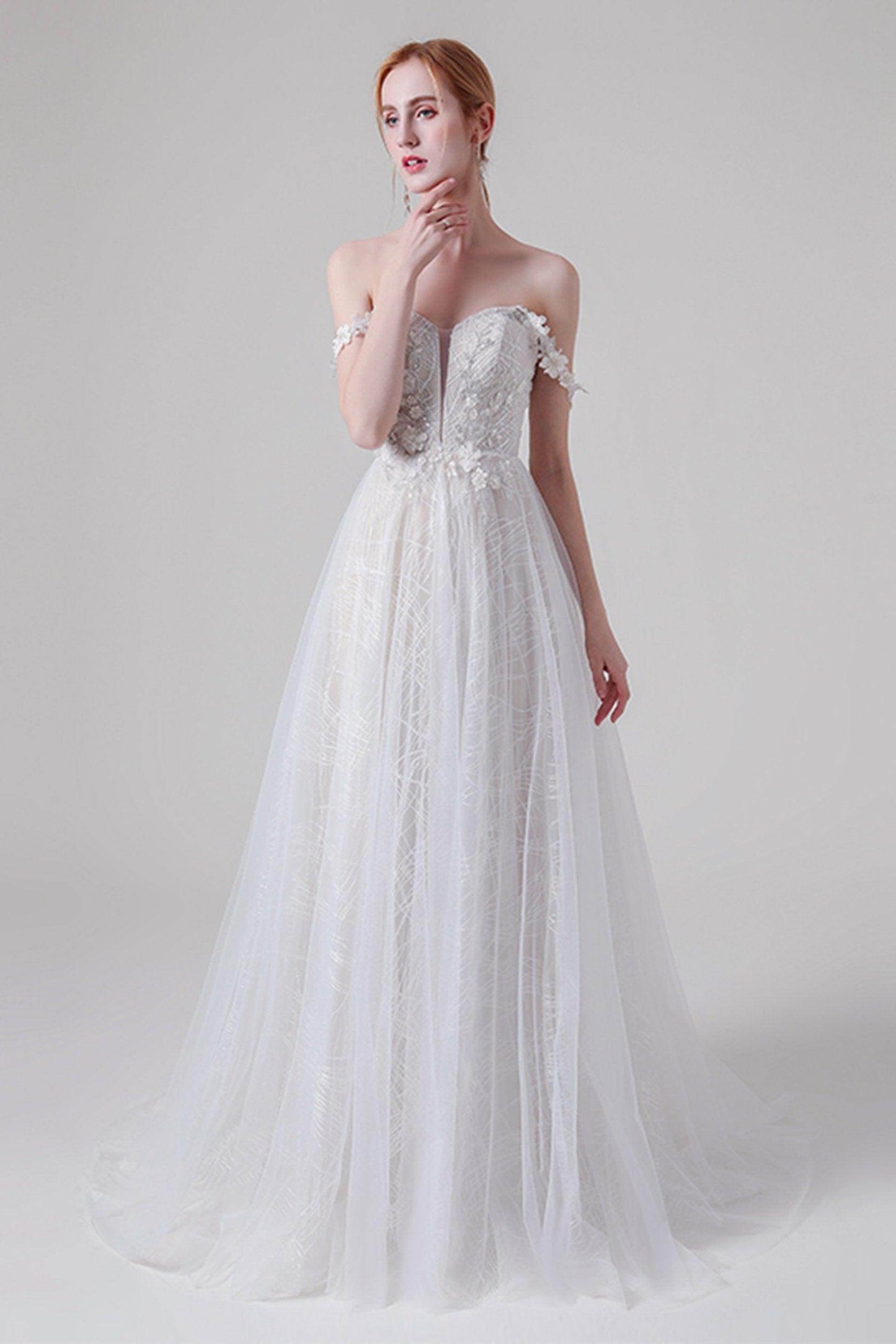 A-Line Sweep-Brush Train Lace Tulle Wedding Dress CW2741 - COCOMELODY