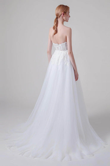 A-Line Sweep-Brush Train Lace Tulle Wedding Dress CW2743 - COCOMELODY