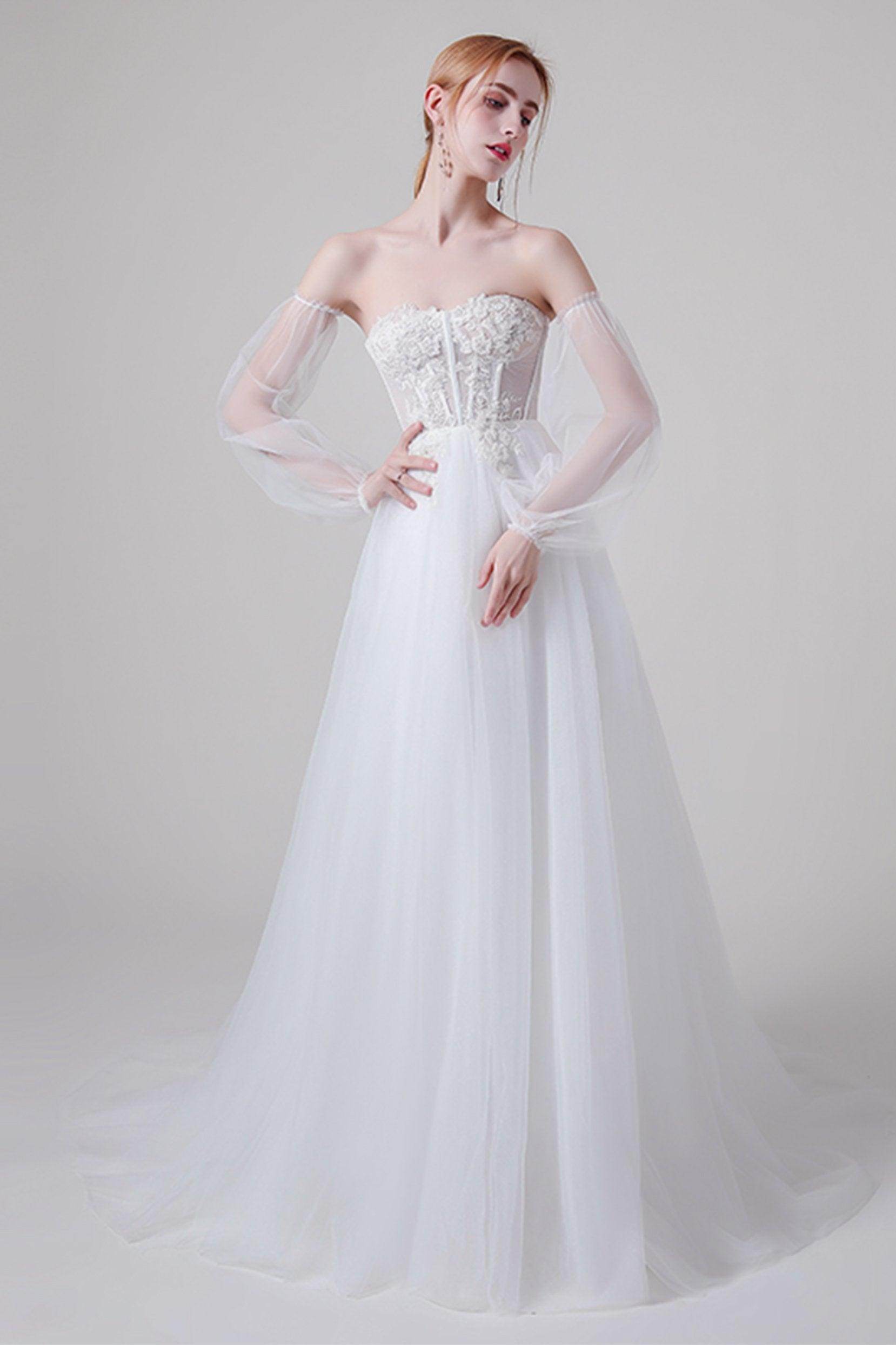 A-Line Floor Length Lace Tulle Wedding Dress CW2744 - COCOMELODY