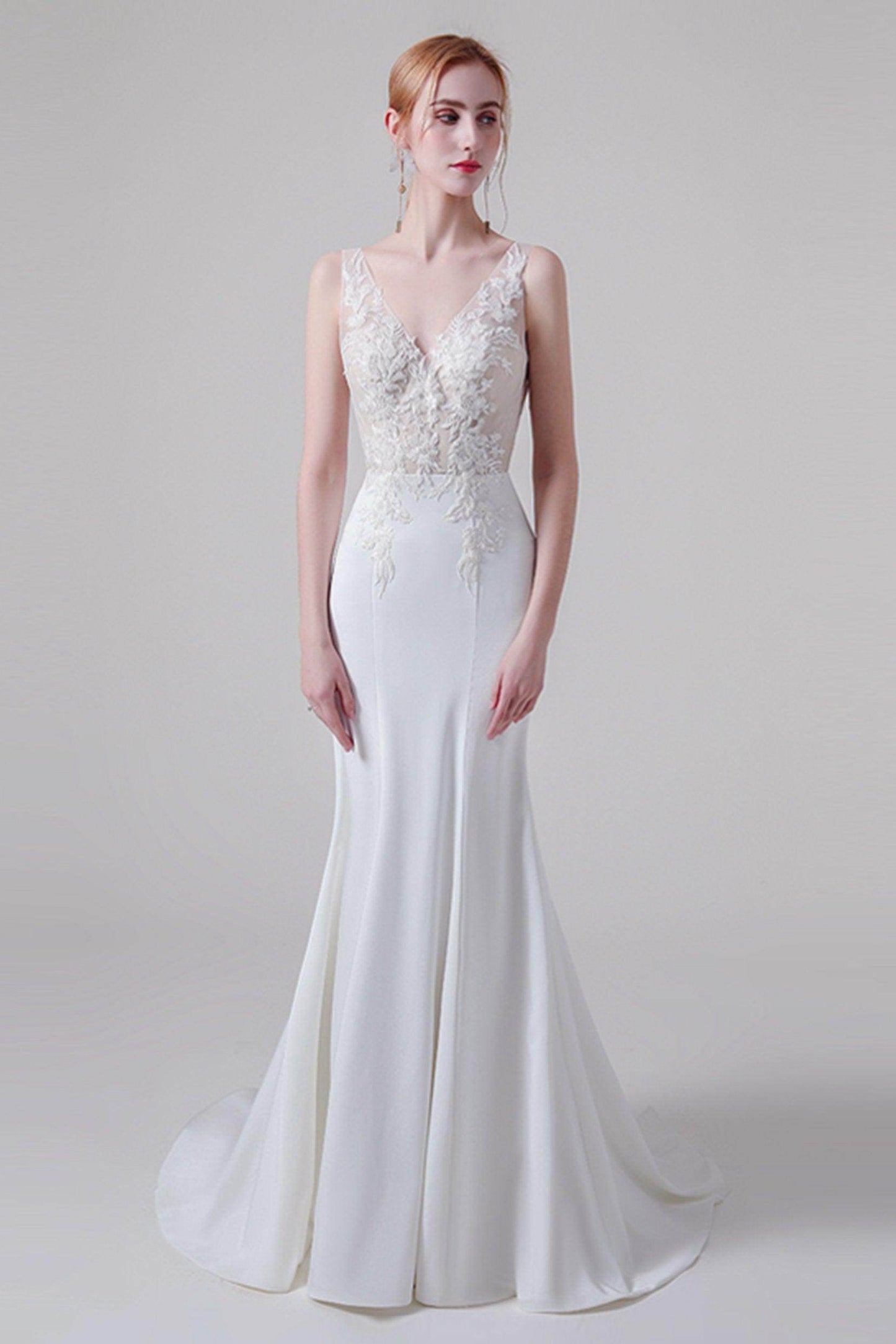 Trumpet Sweep-Brush Train Lace Elastic Cloth Wedding Dress CW2745 - COCOMELODY