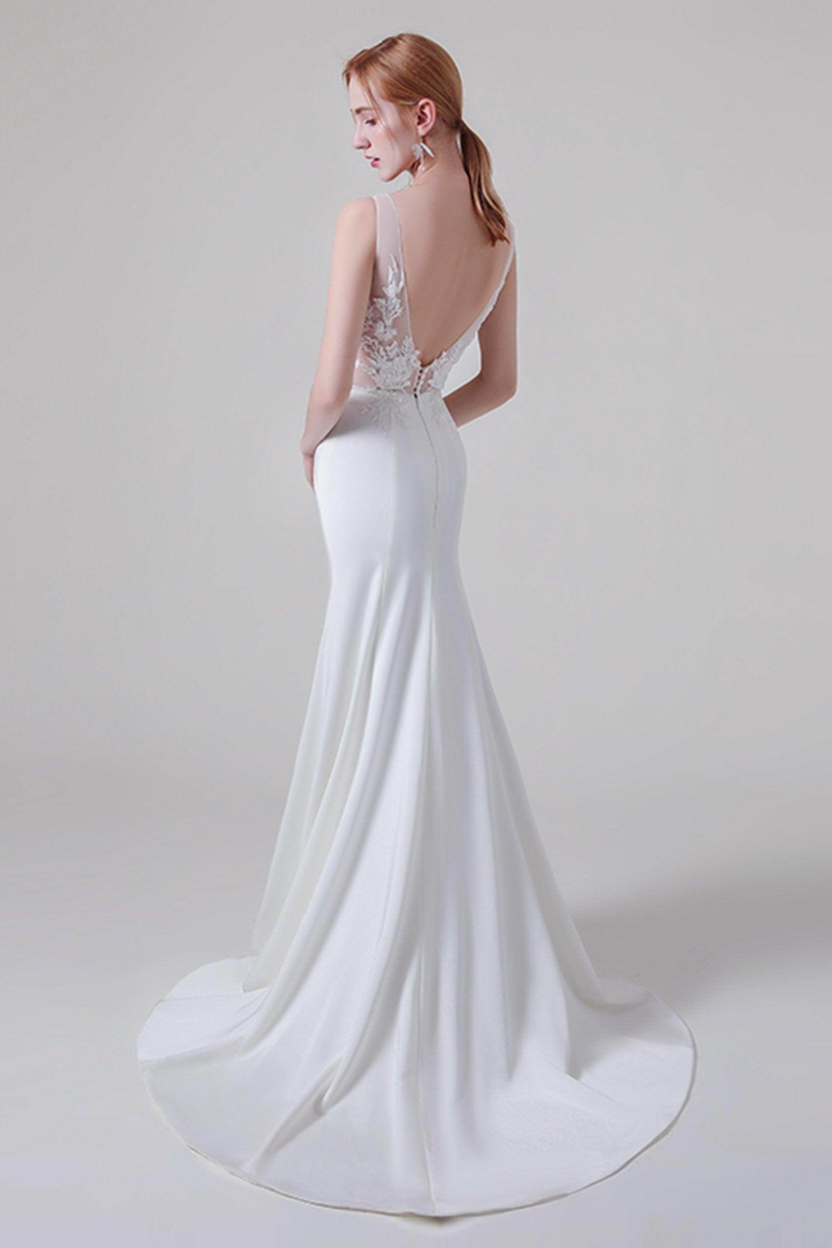 Trumpet Sweep-Brush Train Lace Elastic Cloth Wedding Dress CW2745 - COCOMELODY