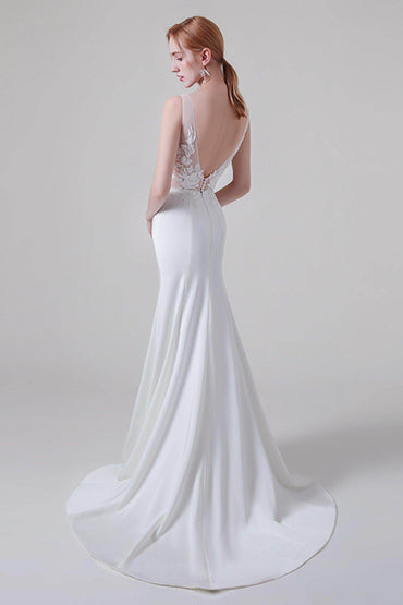 Trumpet Sweep-Brush Train Lace Elastic Cloth Wedding Dress CW2745 - COCOMELODY