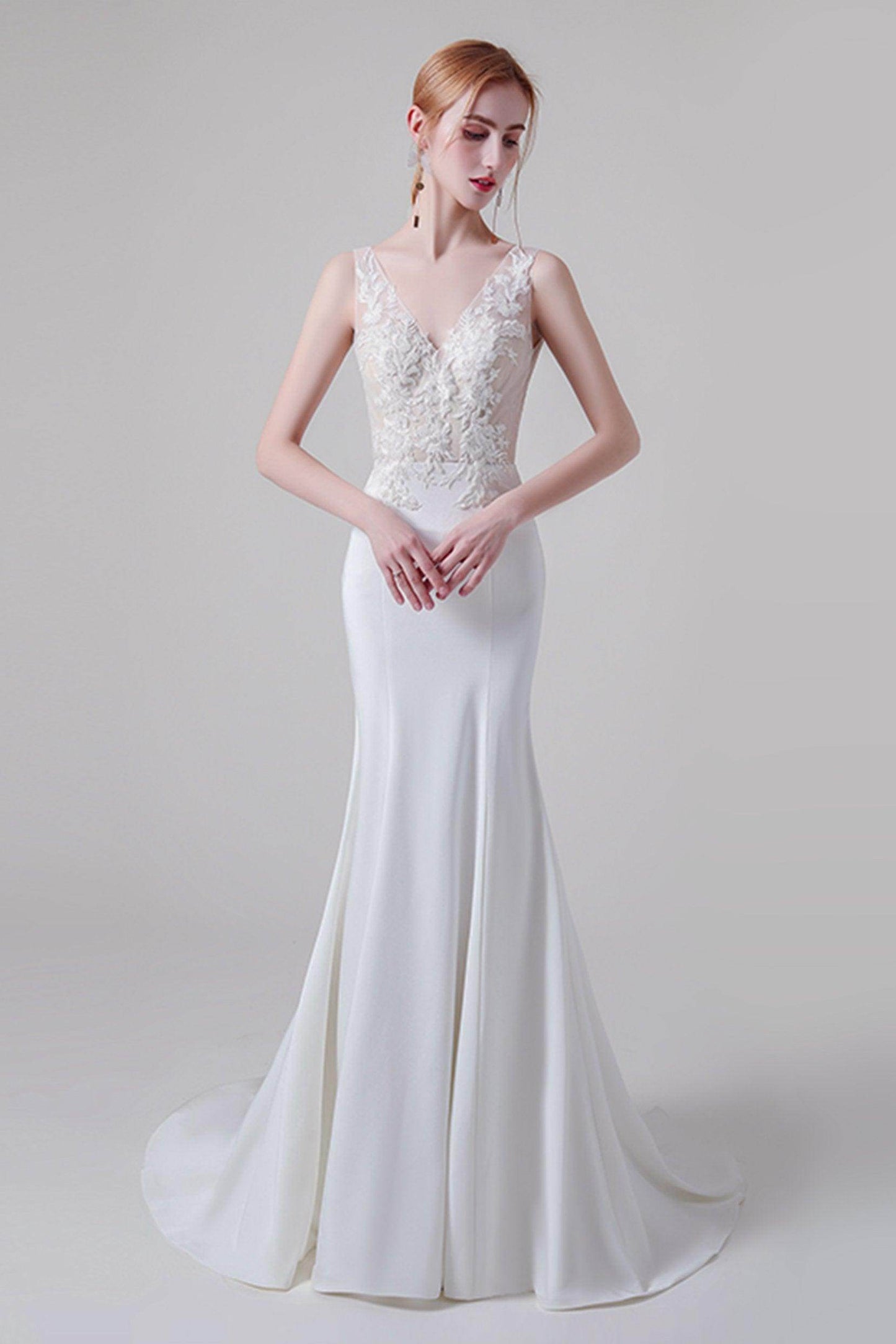 Trumpet Sweep-Brush Train Lace Elastic Cloth Wedding Dress CW2745 - COCOMELODY