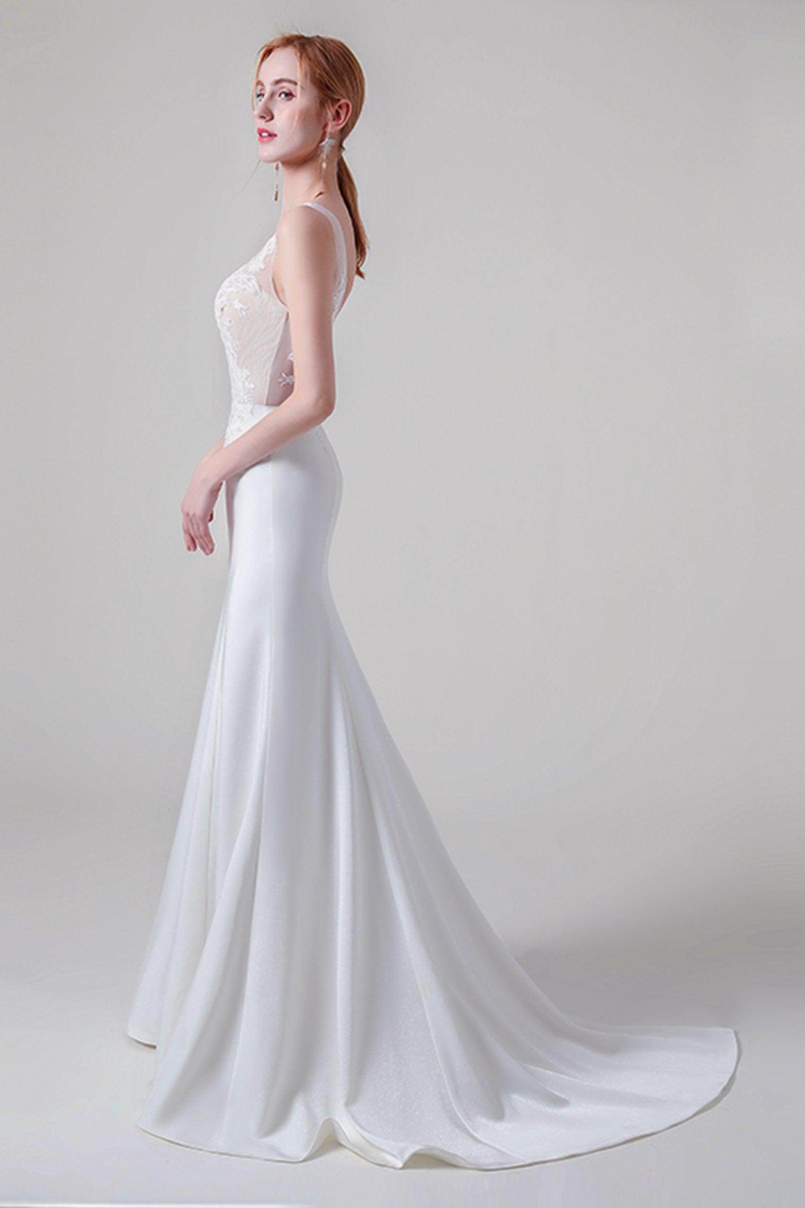 Trumpet Sweep-Brush Train Lace Elastic Cloth Wedding Dress CW2745 - COCOMELODY