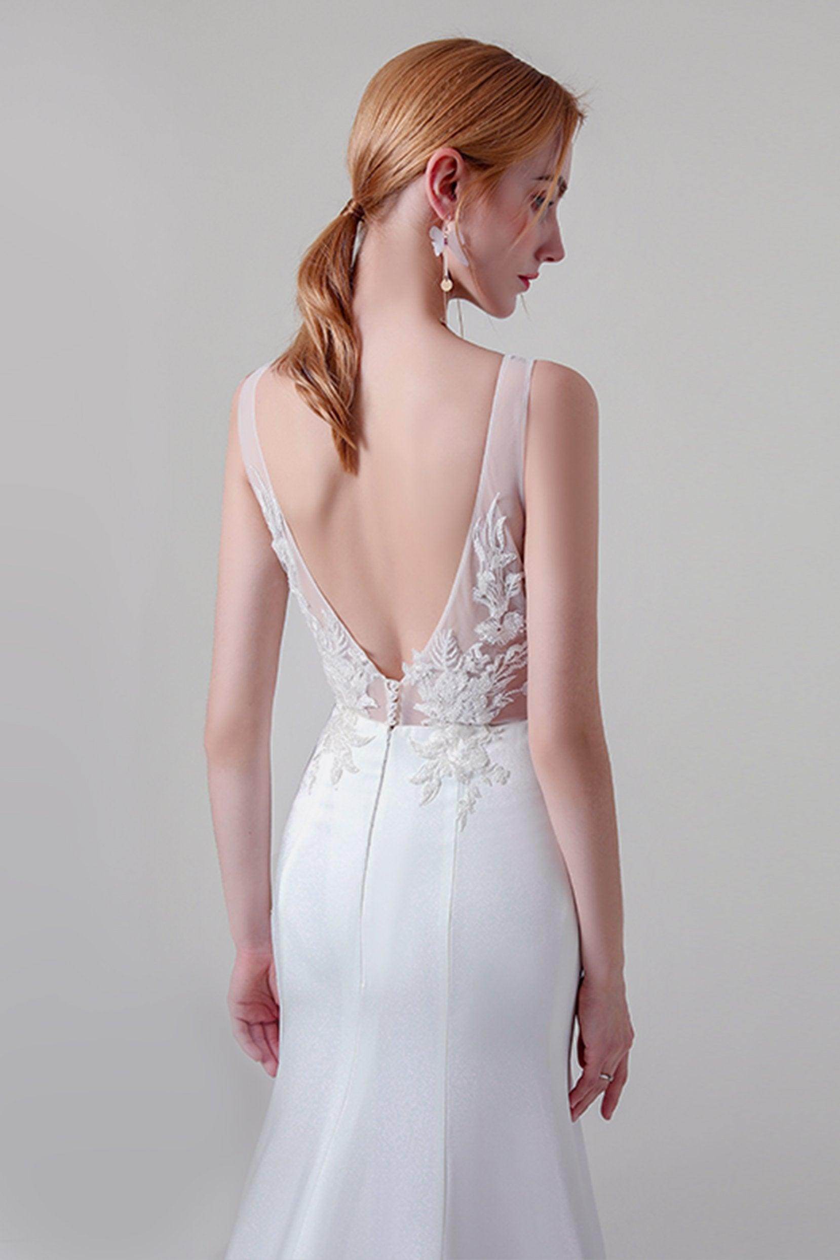 Trumpet Sweep-Brush Train Lace Elastic Cloth Wedding Dress CW2745 - COCOMELODY