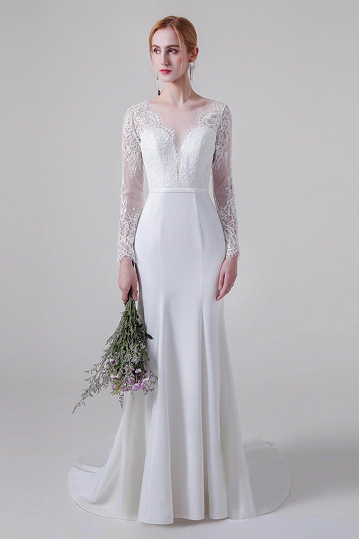 Trumpet Sweep-Brush Train Lace Elastic Cloth Wedding Dress CW2746 - COCOMELODY