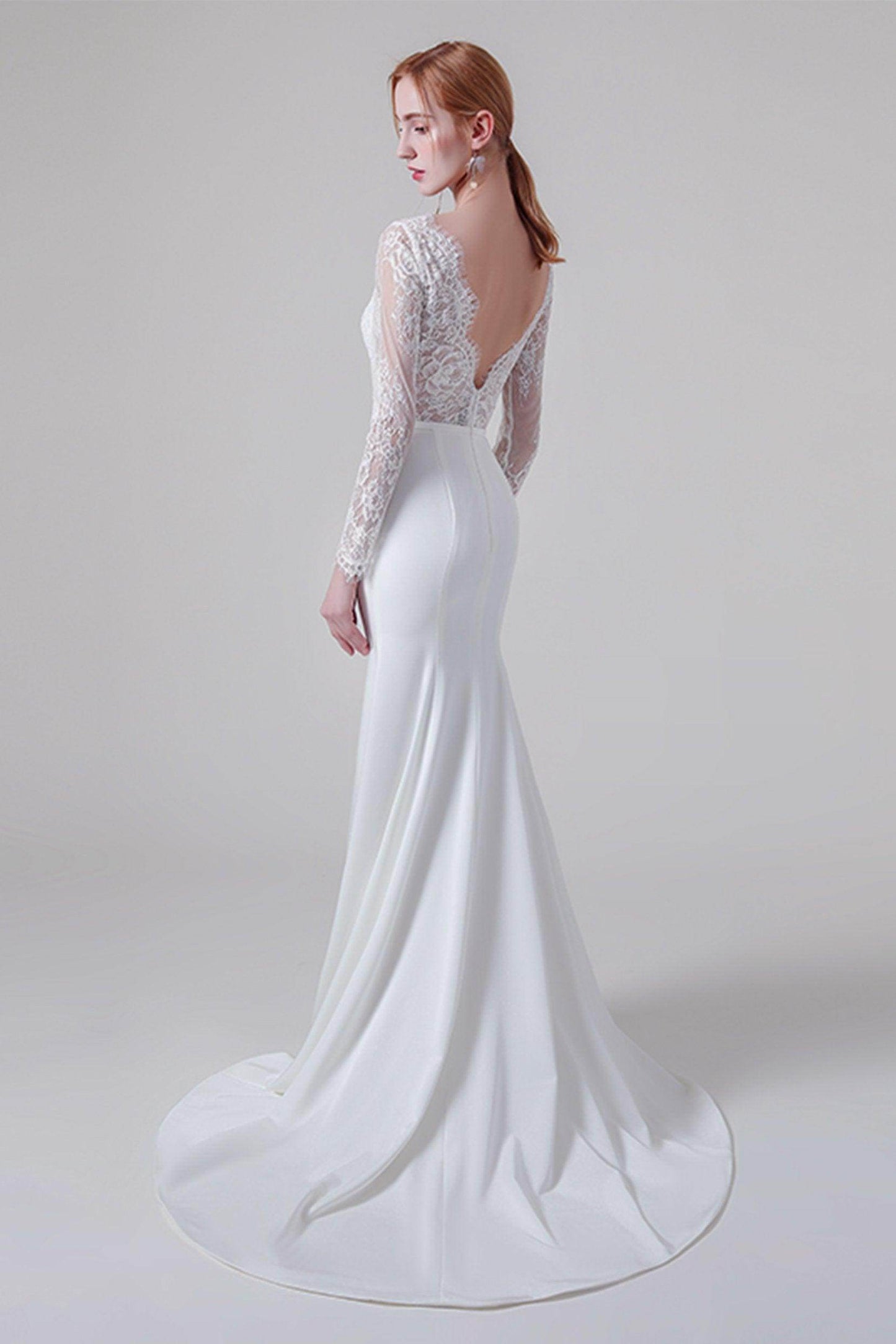 Trumpet Sweep-Brush Train Lace Elastic Cloth Wedding Dress CW2746 - COCOMELODY