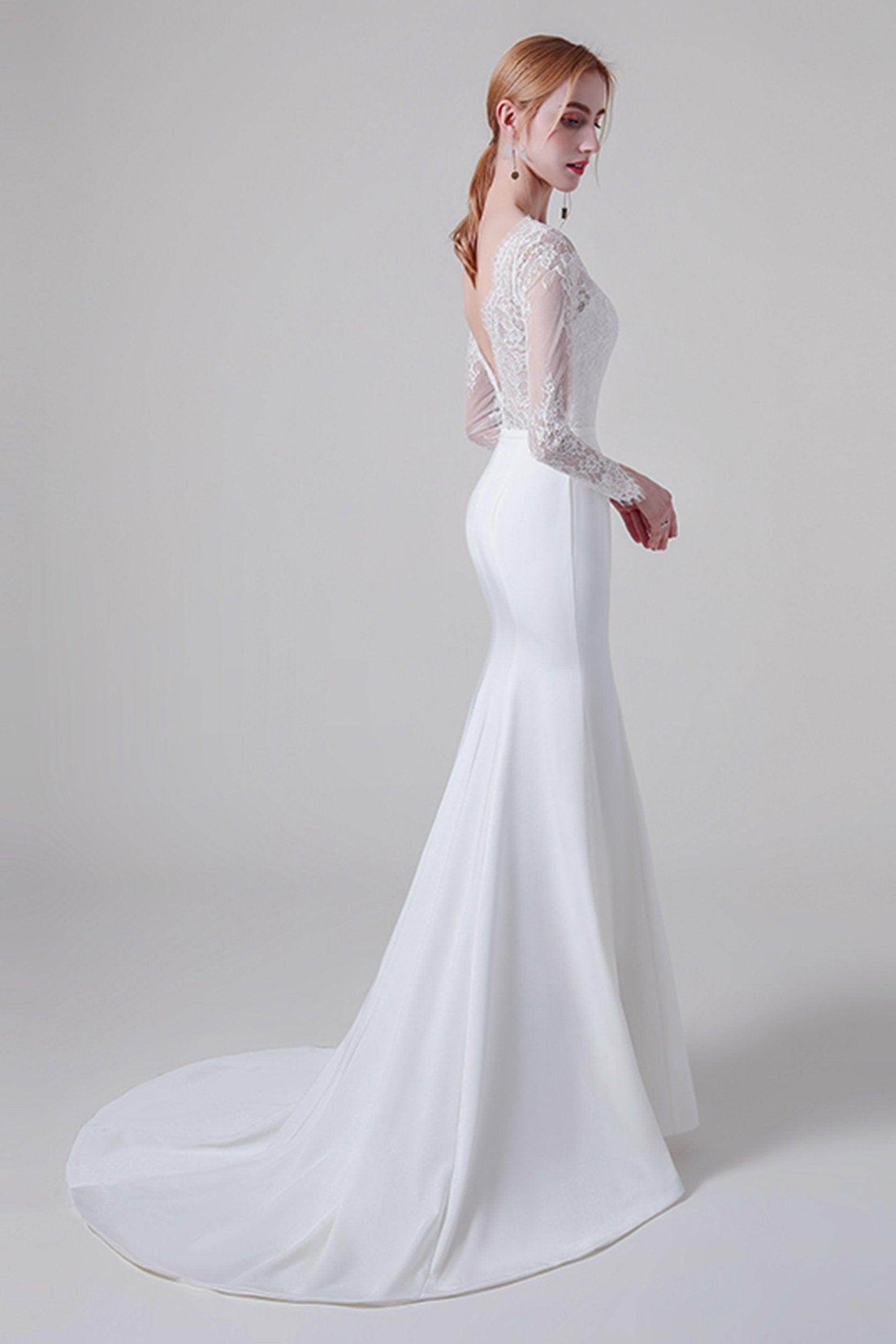Trumpet Sweep-Brush Train Lace Elastic Cloth Wedding Dress CW2746 - COCOMELODY