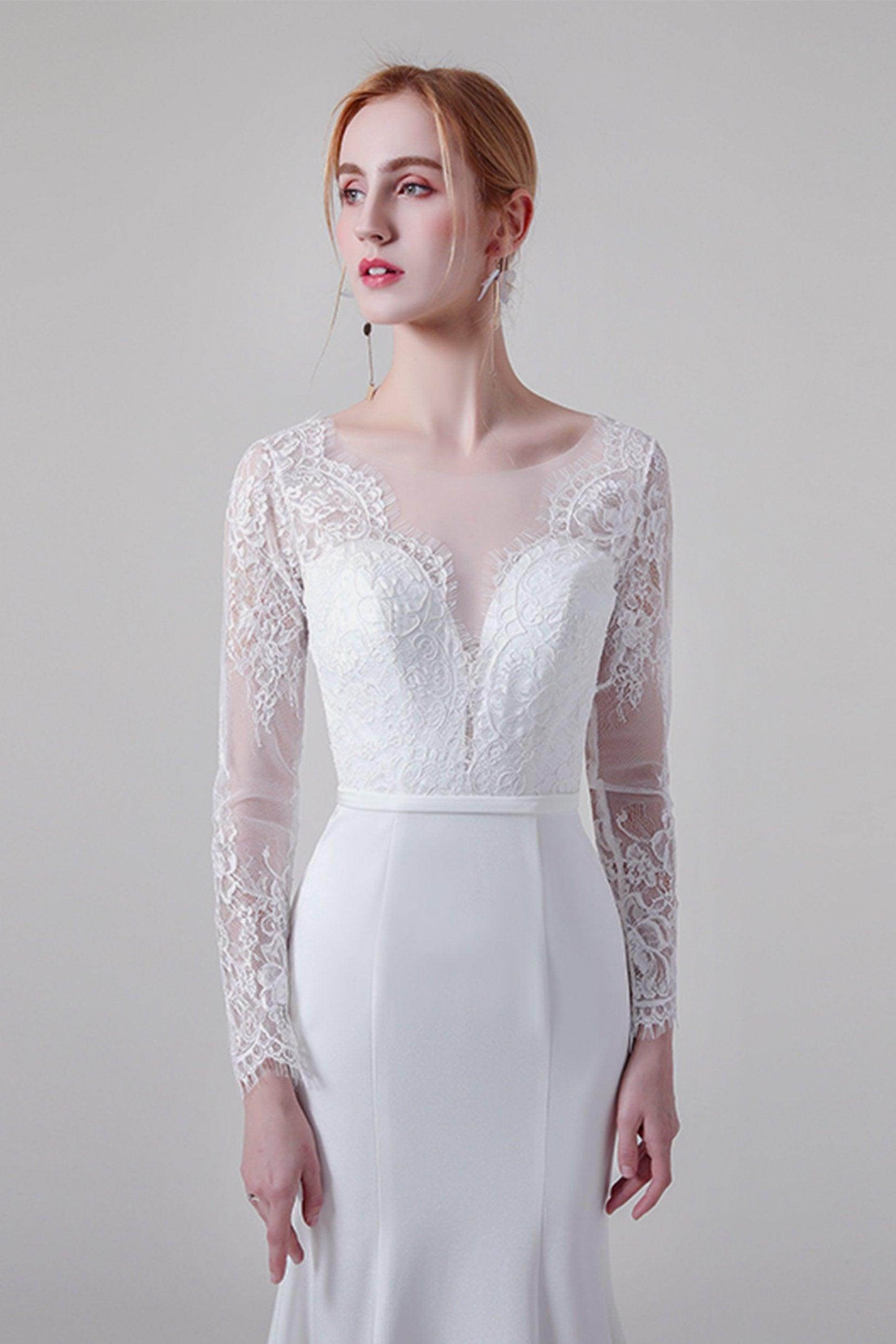 Trumpet Sweep-Brush Train Lace Elastic Cloth Wedding Dress CW2746 - COCOMELODY