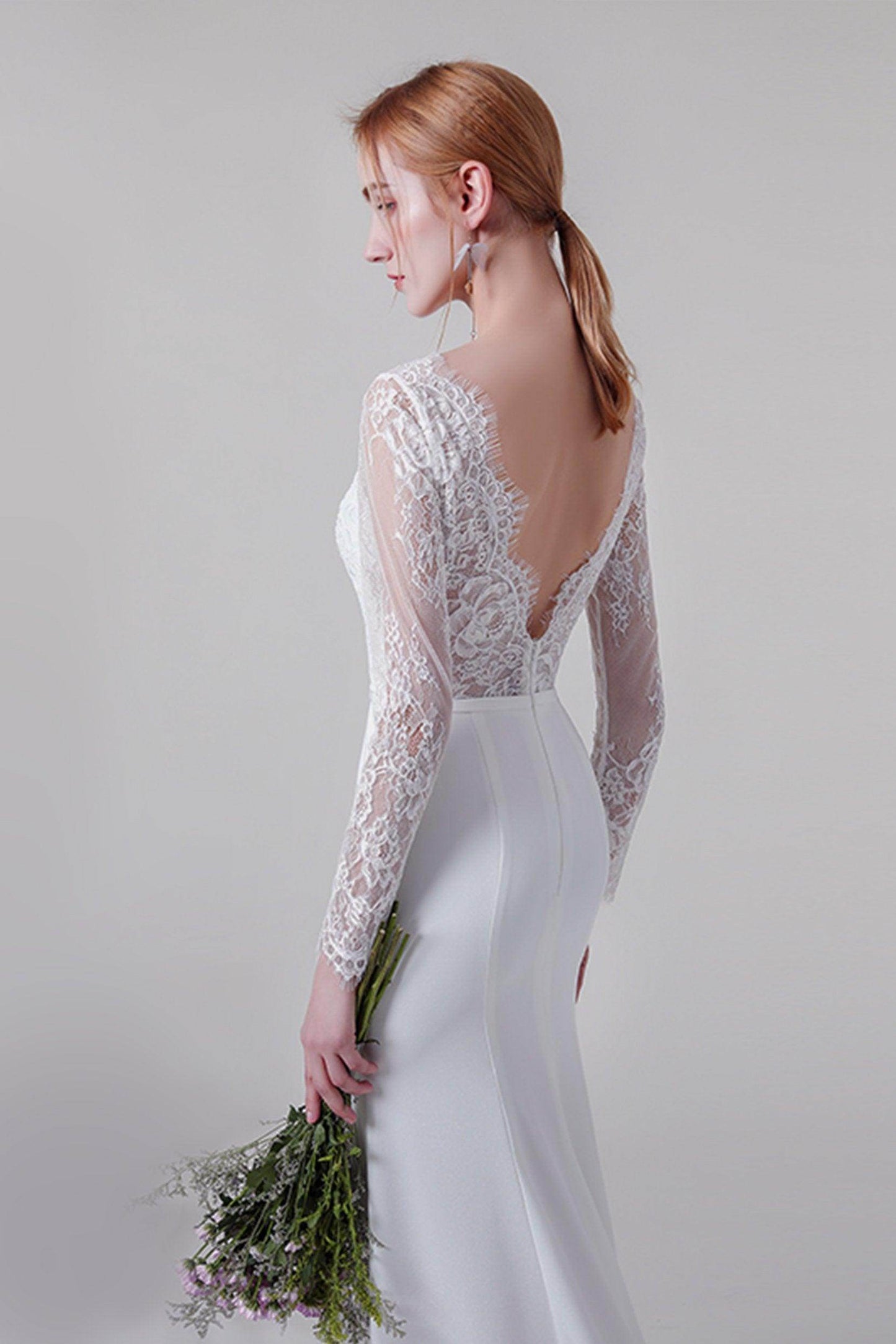 Trumpet Sweep-Brush Train Lace Elastic Cloth Wedding Dress CW2746 - COCOMELODY