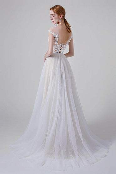 A-Line Sweep-Brush Train Lace Tulle Wedding Dress CW2748 - COCOMELODY
