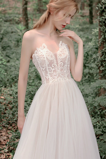 A-Line Sweep-Brush Train Lace Tulle Wedding Dress CW2749