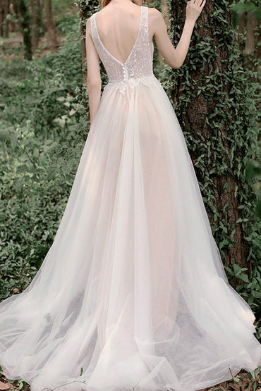 A-Line Sweep-Brush Train Lace Tulle Wedding Dress CW2750 - COCOMELODY