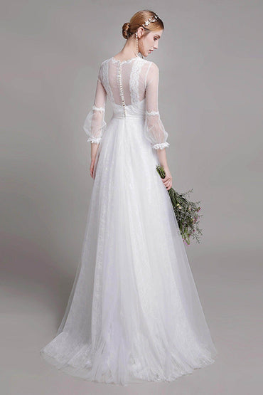 A-Line Floor Length Lace Tulle Wedding Dress CW2751 - COCOMELODY