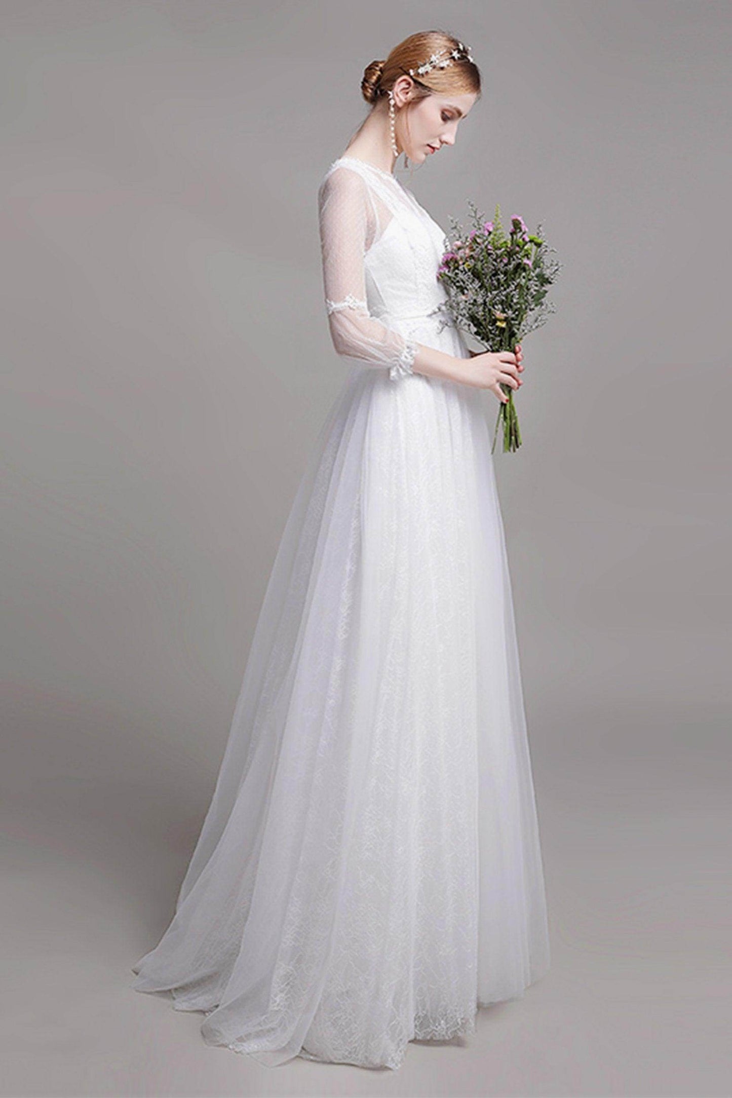 A-Line Floor Length Lace Tulle Wedding Dress CW2751 - COCOMELODY