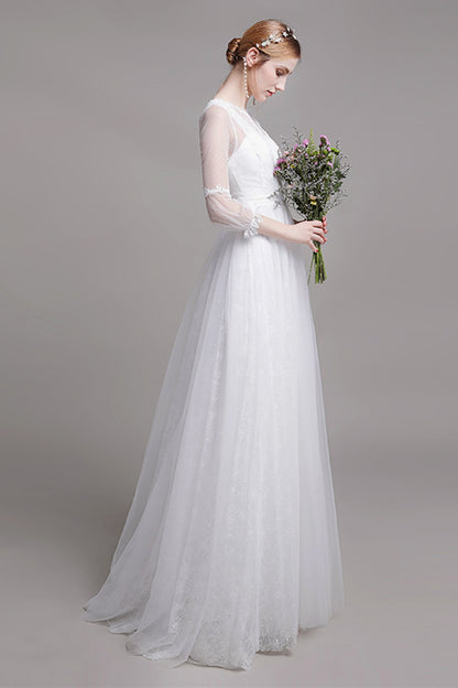 A-Line Floor Length Lace Tulle Wedding Dress CW2751