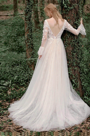 A-Line Sweep-Brush Train Lace Tulle Wedding Dress CW2752 - COCOMELODY