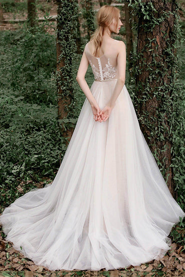 A-Line Sweep-Brush Train Lace Tulle Wedding Dress CW2754 - COCOMELODY