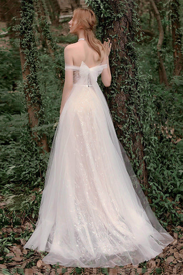 A-Line Sweep-Brush Train Lace Tulle Wedding Dress CW2758 - COCOMELODY