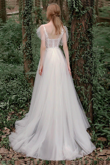 A-Line Sweep-Brush Train Lace Tulle Wedding Dress CW2761 - COCOMELODY