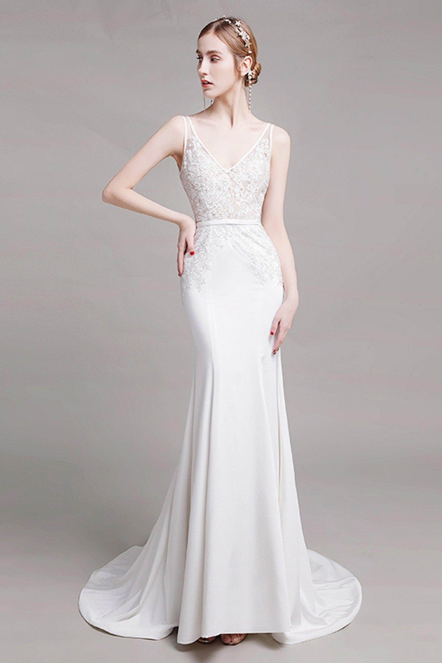 Mermaid Sweep Train Lace Stretch Satin Wedding Dress CW2762 - COCOMELODY