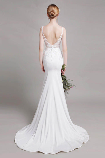 Mermaid Sweep Train Lace Stretch Satin Wedding Dress CW2762 - COCOMELODY