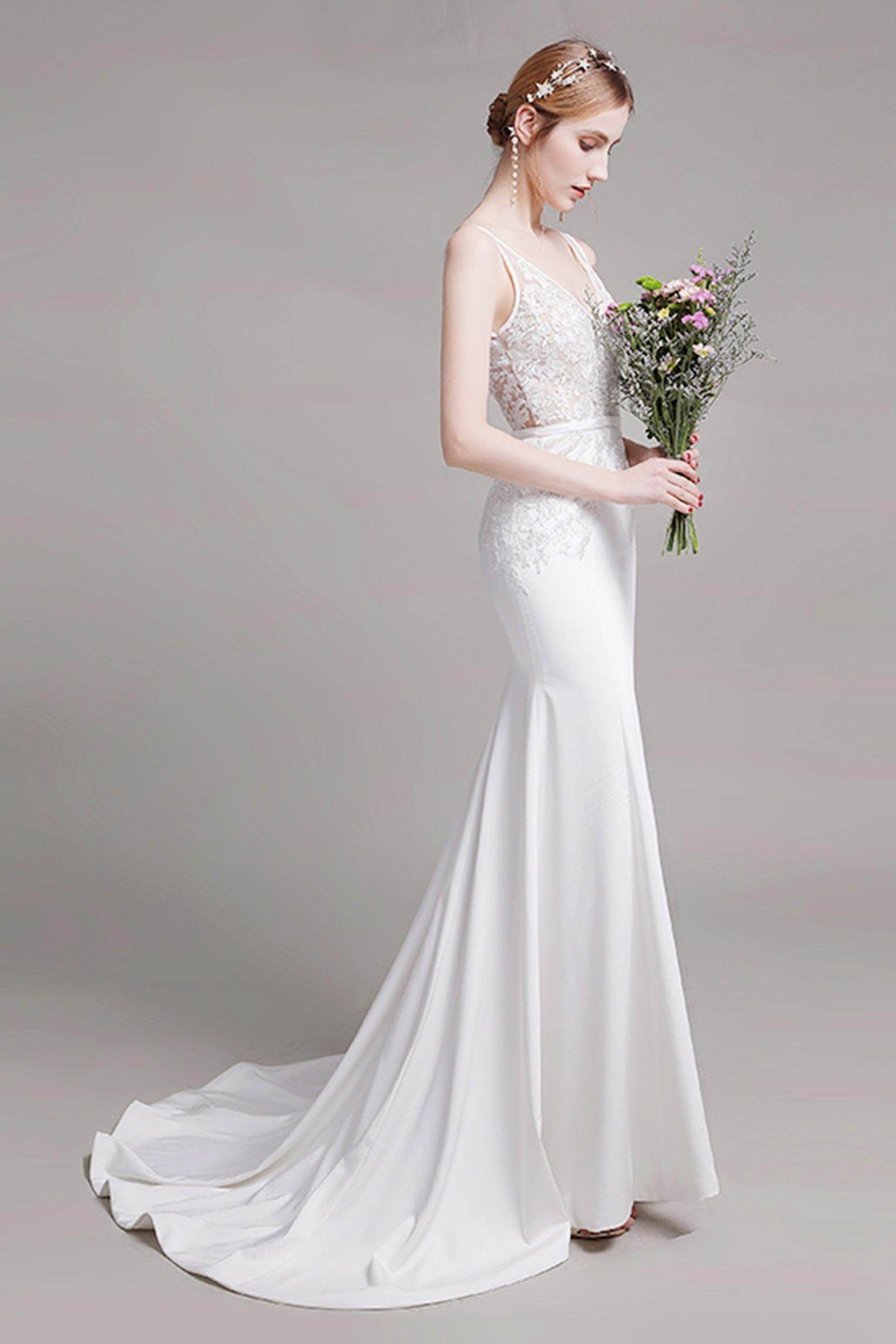 Mermaid Sweep Train Lace Stretch Satin Wedding Dress CW2762 - COCOMELODY