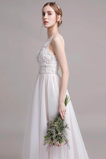 A-Line Sweep-Brush Train Lace Wedding Dress CW2765 - COCOMELODY