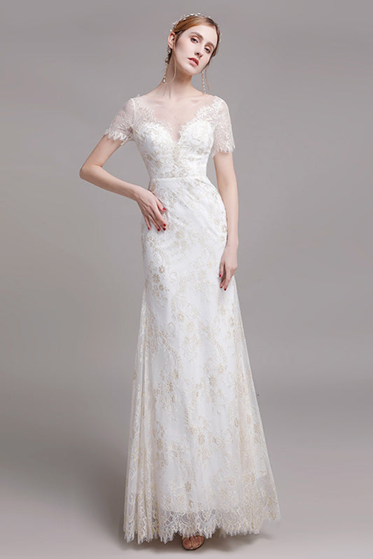 Sheath-Column Floor Length Lace Wedding Dress CW2766
