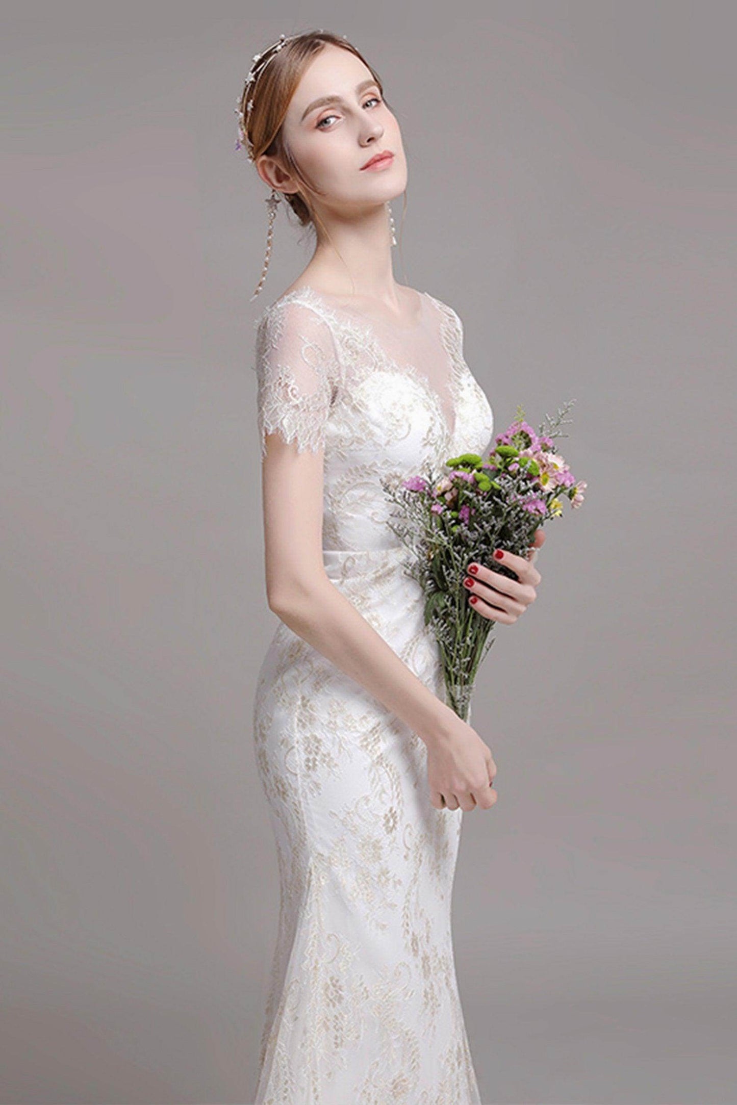 Sheath-Column Floor Length Lace Wedding Dress CW2766 - COCOMELODY