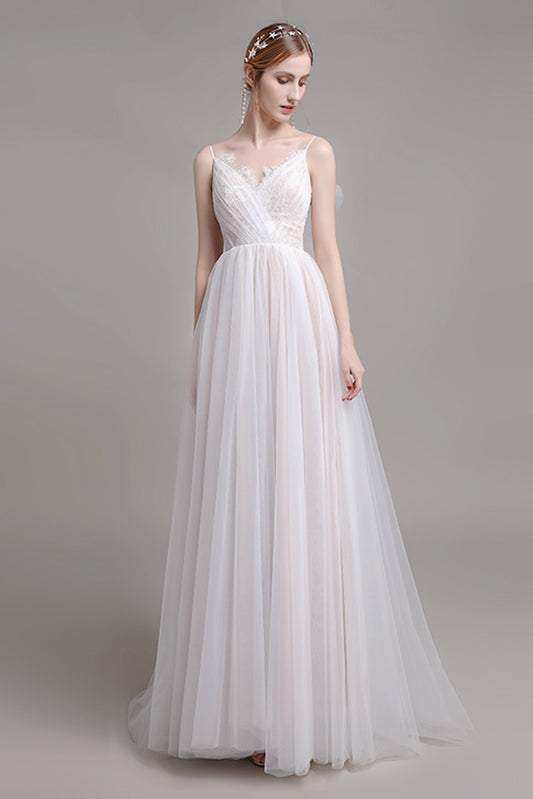 A-Line Sweep-Brush Train Lace Tulle Wedding Dress CW2768