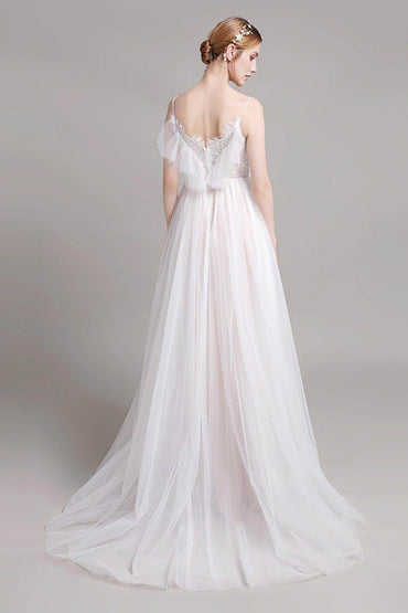 A-Line Sweep-Brush Train Lace Tulle Wedding Dress CW2768 - COCOMELODY