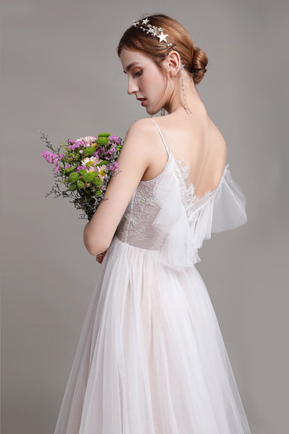 A-Line Sweep-Brush Train Lace Tulle Wedding Dress CW2768