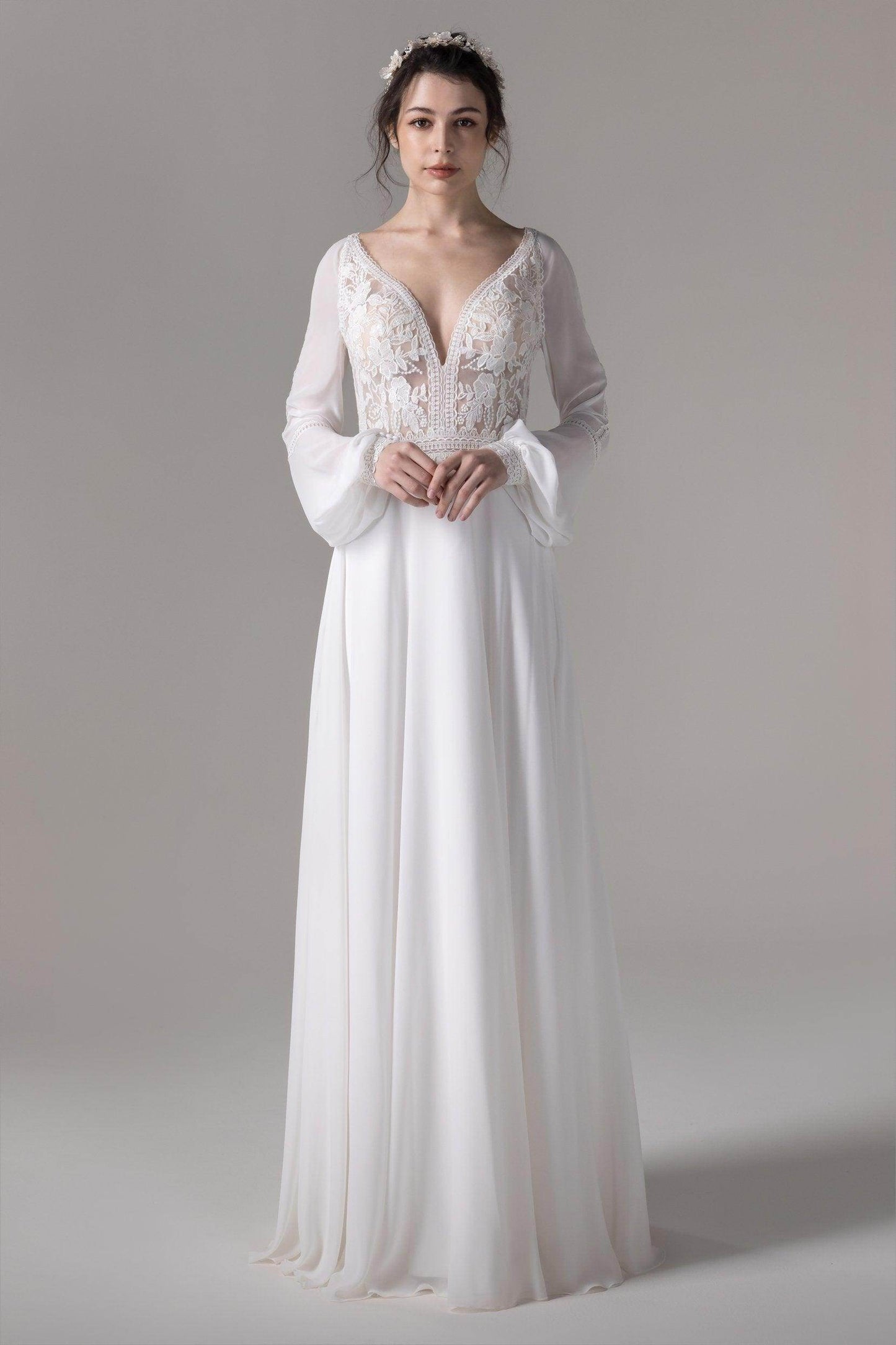 A-Line Floor Length Lace Chiffon Wedding Dress CW2778 - COCOMELODY