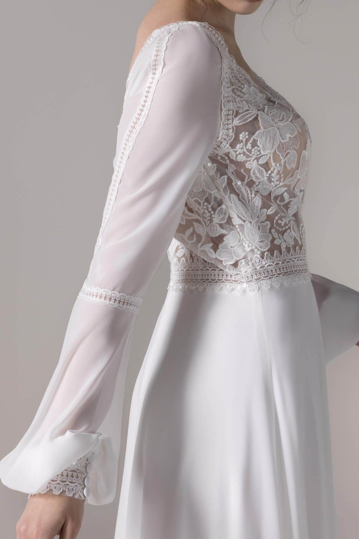 A-Line Floor Length Lace Chiffon Wedding Dress CW2778 - COCOMELODY