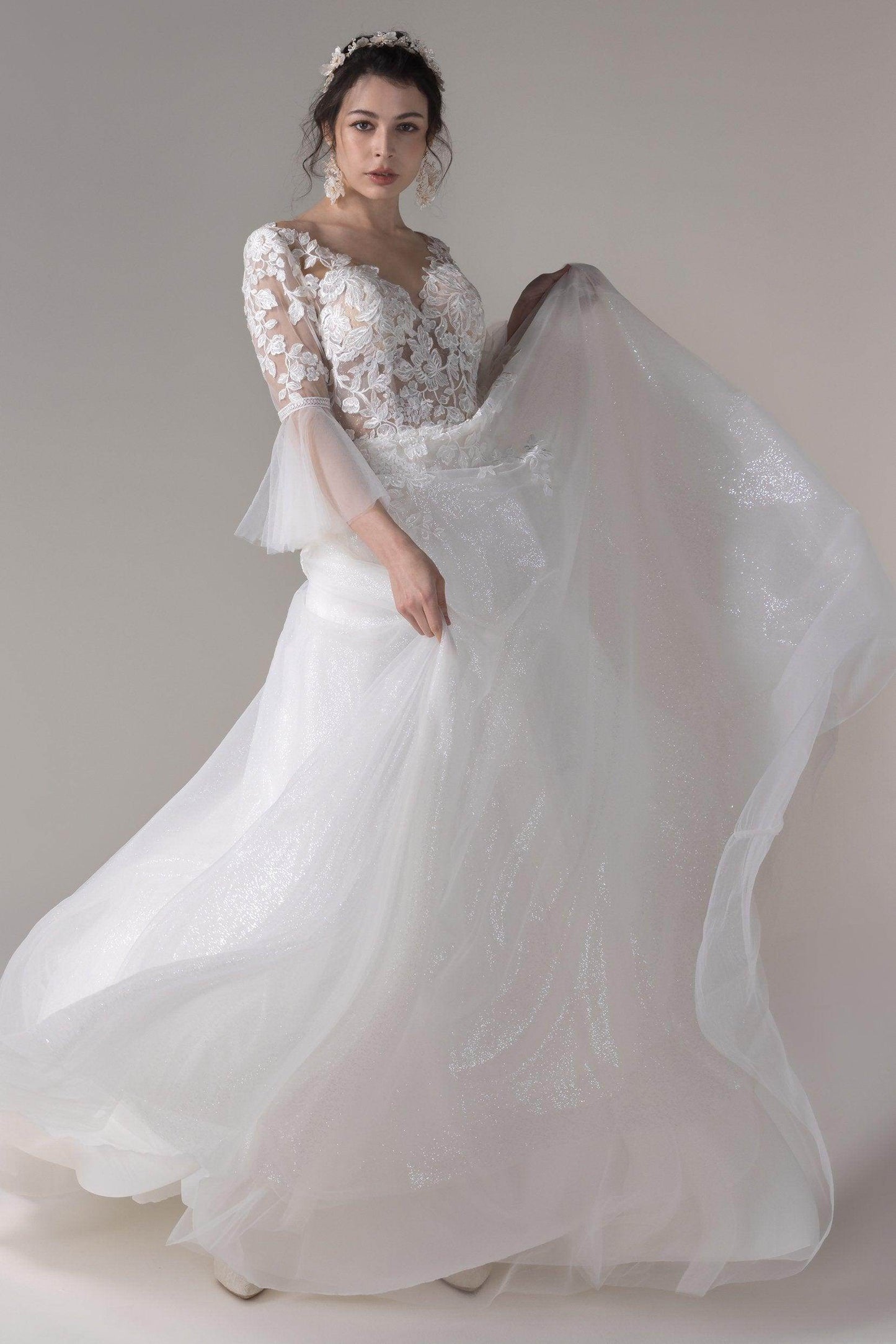 A-Line Court Train Lace Sequined Tulle Wedding Dress CW2784 - COCOMELODY