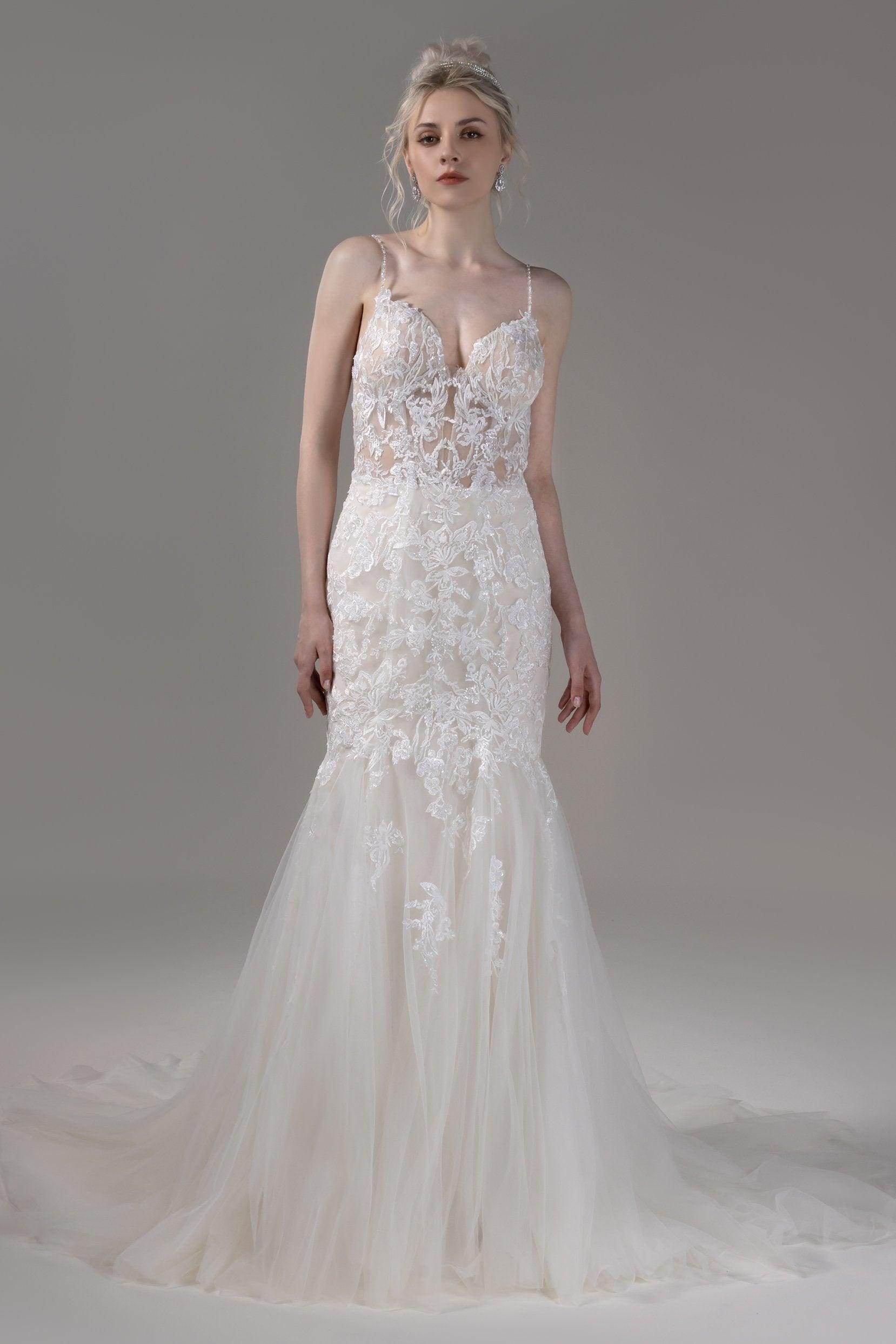 mermaid spaghetti strap lace wedding dress Spaghetti Straps Sweetheart Detachable Train Lace Mermaid Wedding Dress with Long Gloves