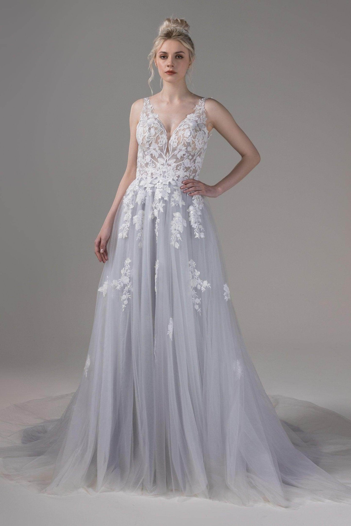 A-Line Chapel Train Lace Tulle Wedding Dress CW2806 - COCOMELODY