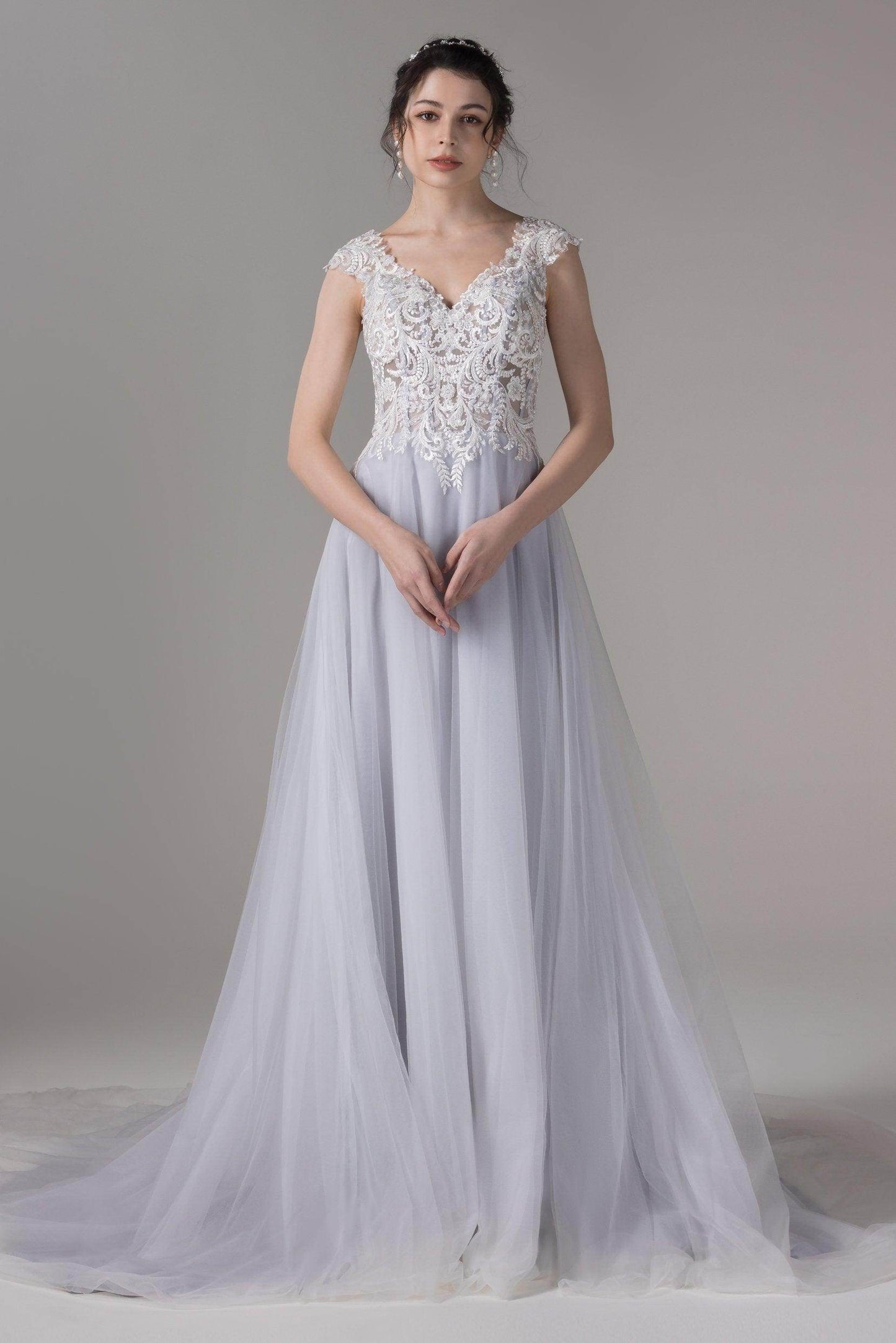 A-Line Chapel Train Lace Tulle Wedding Dress CW2808 - COCOMELODY
