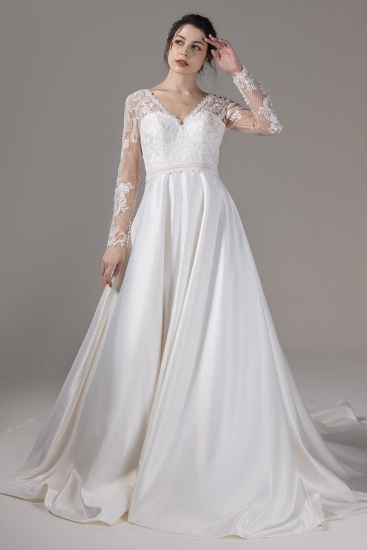 A-Line Court Train Lace Satin Wedding Dress CW2824