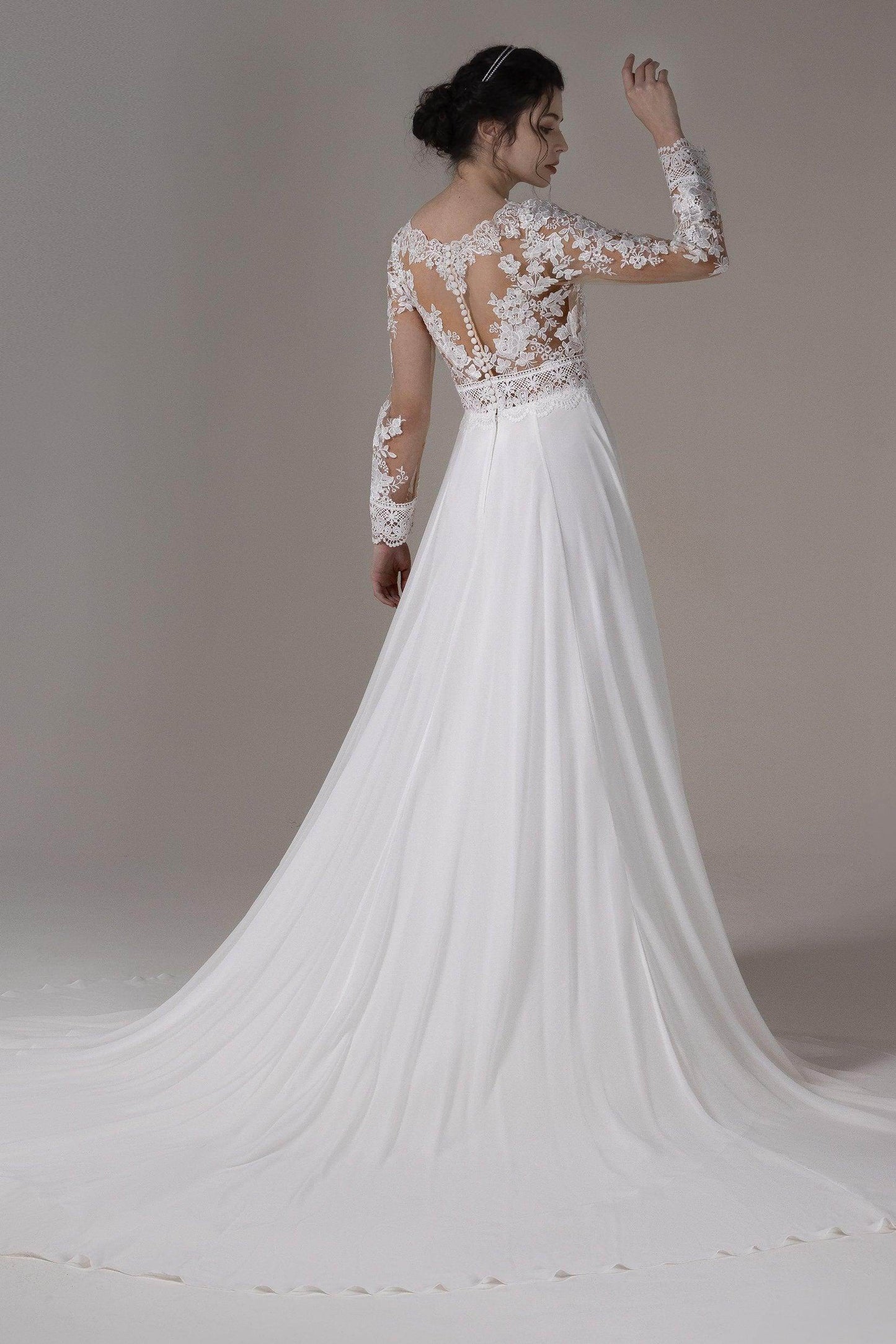A-Line Chapel Train Lace Chiffon Wedding Dress CW2830 - COCOMELODY