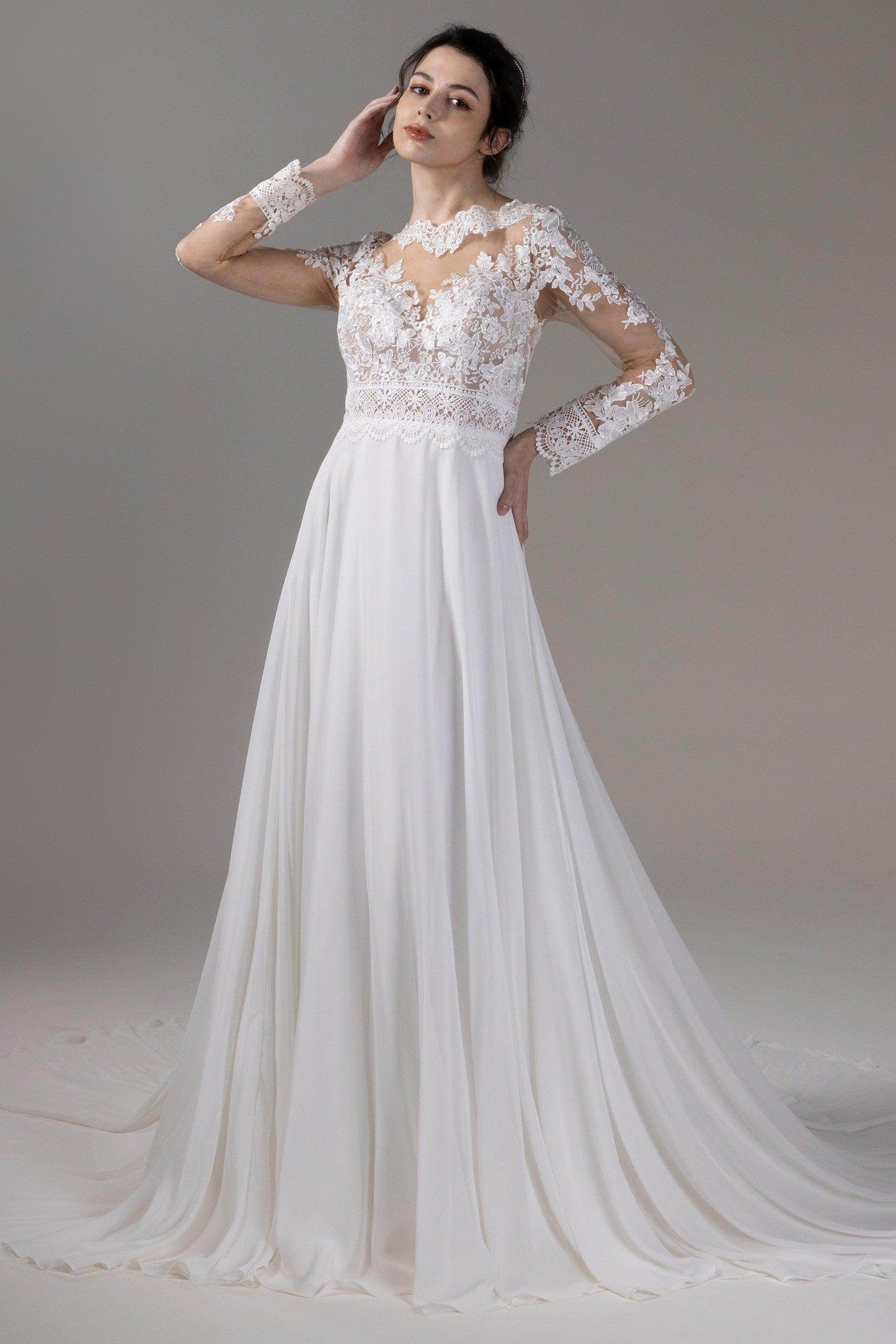 A-Line Chapel Train Lace Chiffon Wedding Dress CW2830 - COCOMELODY